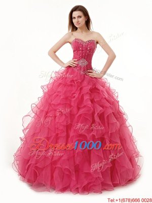 Coral Red A-line Beading and Ruffles Quince Ball Gowns Lace Up Organza Sleeveless Floor Length