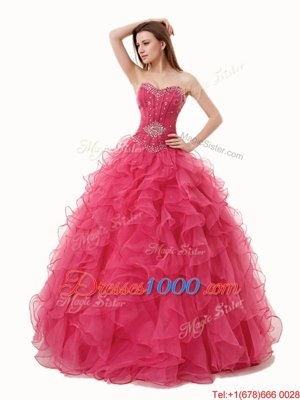 Coral Red A-line Beading and Ruffles Quince Ball Gowns Lace Up Organza Sleeveless Floor Length