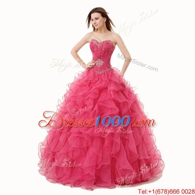 Coral Red A-line Beading and Ruffles Quince Ball Gowns Lace Up Organza Sleeveless Floor Length