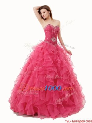 Coral Red A-line Beading and Ruffles Quince Ball Gowns Lace Up Organza Sleeveless Floor Length