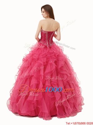 Coral Red A-line Beading and Ruffles Quince Ball Gowns Lace Up Organza Sleeveless Floor Length