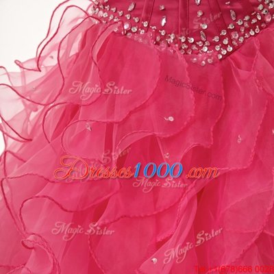 Coral Red A-line Beading and Ruffles Quince Ball Gowns Lace Up Organza Sleeveless Floor Length