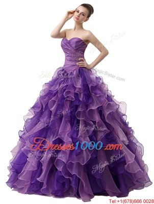 Purple Sleeveless Organza Lace Up Quinceanera Gowns for Military Ball and Sweet 16 and Quinceanera