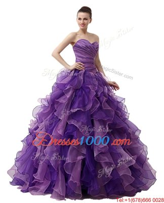 Purple Sleeveless Organza Lace Up Quinceanera Gowns for Military Ball and Sweet 16 and Quinceanera