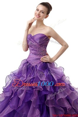 Purple Sleeveless Organza Lace Up Quinceanera Gowns for Military Ball and Sweet 16 and Quinceanera