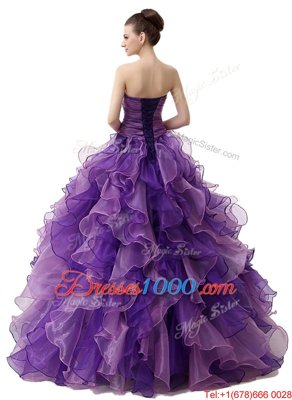 Purple Sleeveless Organza Lace Up Quinceanera Gowns for Military Ball and Sweet 16 and Quinceanera