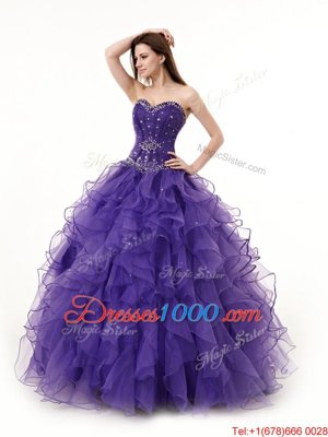 Purple Lace Up Sweet 16 Quinceanera Dress Beading and Ruffles Sleeveless Floor Length