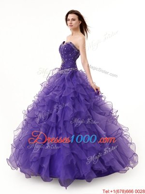 Purple Lace Up Sweet 16 Quinceanera Dress Beading and Ruffles Sleeveless Floor Length