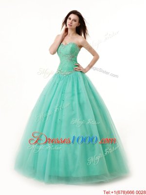 Sweet Turquoise A-line Chiffon Sweetheart Sleeveless Beading and Ruching Floor Length Lace Up Sweet 16 Dress
