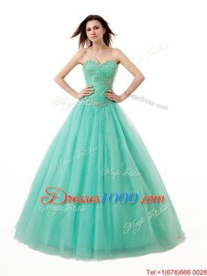 Sweet Turquoise A-line Chiffon Sweetheart Sleeveless Beading and Ruching Floor Length Lace Up Sweet 16 Dress