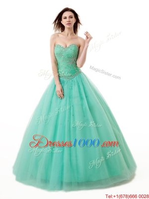 Sweet Turquoise A-line Chiffon Sweetheart Sleeveless Beading and Ruching Floor Length Lace Up Sweet 16 Dress