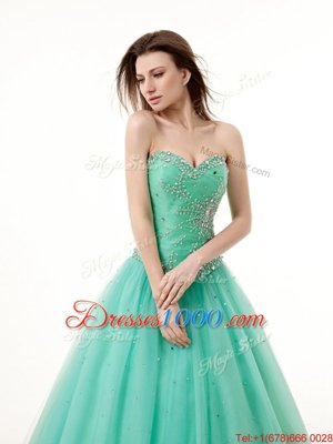 Sweet Turquoise A-line Chiffon Sweetheart Sleeveless Beading and Ruching Floor Length Lace Up Sweet 16 Dress