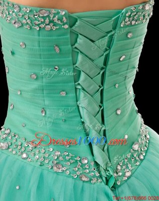 Sweet Turquoise A-line Chiffon Sweetheart Sleeveless Beading and Ruching Floor Length Lace Up Sweet 16 Dress