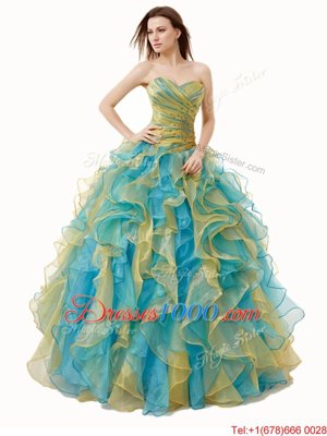 On Sale Floor Length Lace Up Quince Ball Gowns Multi-color and In for Military Ball and Sweet 16 and Quinceanera with Beading and Ruffles and Ruching