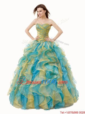 On Sale Floor Length Lace Up Quince Ball Gowns Multi-color and In for Military Ball and Sweet 16 and Quinceanera with Beading and Ruffles and Ruching