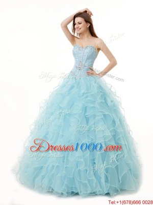 Light Blue Lace Up Sweetheart Beading and Ruffles Sweet 16 Dresses Organza Sleeveless