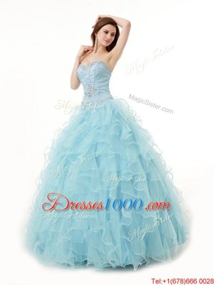 Light Blue Lace Up Sweetheart Beading and Ruffles Sweet 16 Dresses Organza Sleeveless