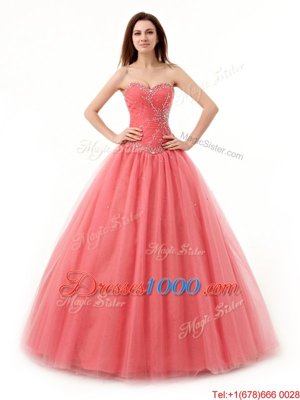 Trendy Watermelon Red Sleeveless Beading and Ruching Floor Length Quinceanera Gown