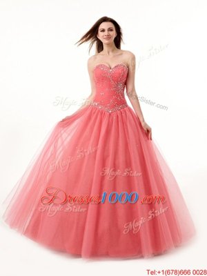 Trendy Watermelon Red Sleeveless Beading and Ruching Floor Length Quinceanera Gown