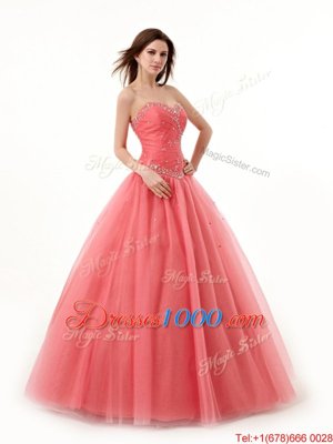 Trendy Watermelon Red Sleeveless Beading and Ruching Floor Length Quinceanera Gown