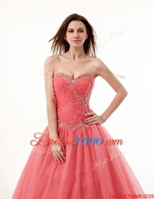 Trendy Watermelon Red Sleeveless Beading and Ruching Floor Length Quinceanera Gown