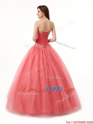 Trendy Watermelon Red Sleeveless Beading and Ruching Floor Length Quinceanera Gown