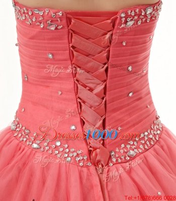 Trendy Watermelon Red Sleeveless Beading and Ruching Floor Length Quinceanera Gown