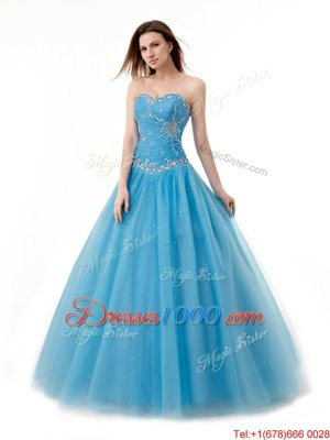 Attractive Baby Blue Lace Up Sweetheart Beading and Ruching Quince Ball Gowns Tulle Sleeveless