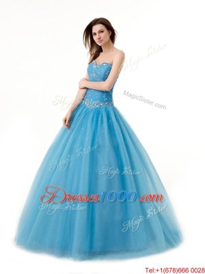 Attractive Baby Blue Lace Up Sweetheart Beading and Ruching Quince Ball Gowns Tulle Sleeveless