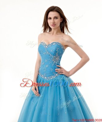 Attractive Baby Blue Lace Up Sweetheart Beading and Ruching Quince Ball Gowns Tulle Sleeveless