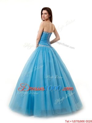 Attractive Baby Blue Lace Up Sweetheart Beading and Ruching Quince Ball Gowns Tulle Sleeveless