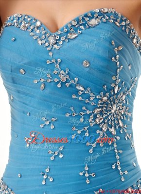 Attractive Baby Blue Lace Up Sweetheart Beading and Ruching Quince Ball Gowns Tulle Sleeveless