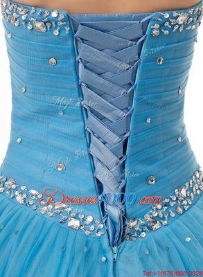 Attractive Baby Blue Lace Up Sweetheart Beading and Ruching Quince Ball Gowns Tulle Sleeveless