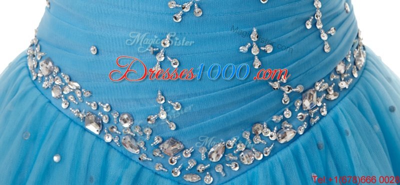 Attractive Baby Blue Lace Up Sweetheart Beading and Ruching Quince Ball Gowns Tulle Sleeveless