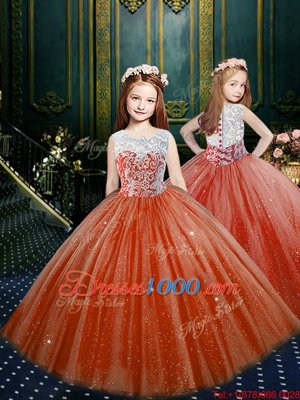 Clasp Handle Scoop Sleeveless Little Girls Pageant Dress Floor Length Appliques Orange Red Tulle