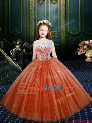 Clasp Handle Scoop Sleeveless Little Girls Pageant Dress Floor Length Appliques Orange Red Tulle