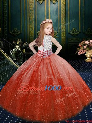 Clasp Handle Scoop Sleeveless Little Girls Pageant Dress Floor Length Appliques Orange Red Tulle