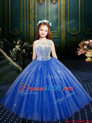 Blue Ball Gowns Scoop Sleeveless Tulle Floor Length Clasp Handle Appliques Kids Formal Wear