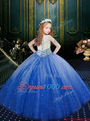 Blue Ball Gowns Scoop Sleeveless Tulle Floor Length Clasp Handle Appliques Kids Formal Wear