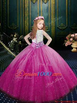 Eggplant Purple Tulle Clasp Handle Scoop Sleeveless Floor Length Pageant Gowns For Girls Beading and Appliques