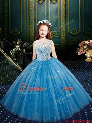 New Style Blue Scoop Neckline Appliques Pageant Gowns For Girls Sleeveless Clasp Handle