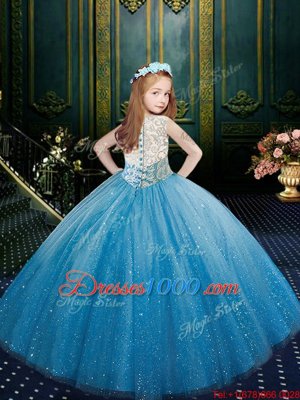 New Style Blue Scoop Neckline Appliques Pageant Gowns For Girls Sleeveless Clasp Handle