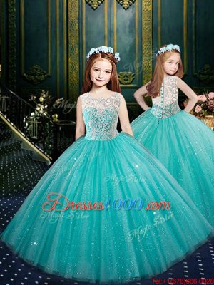 Super Blue Scoop Clasp Handle Appliques Little Girl Pageant Gowns Sleeveless