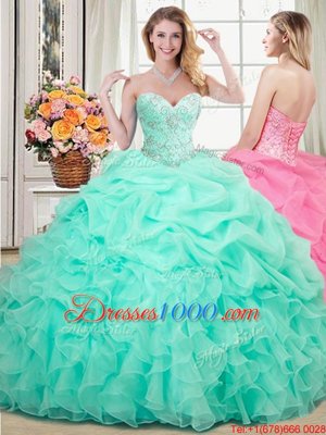 Four Piece Apple Green Organza Lace Up Quinceanera Gowns Sleeveless Floor Length Beading and Ruffles and Pick Ups