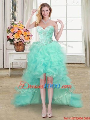 Four Piece Apple Green Organza Lace Up Quinceanera Gowns Sleeveless Floor Length Beading and Ruffles and Pick Ups