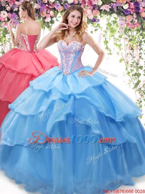 On Sale Baby Blue Sleeveless Beading and Ruffled Layers Floor Length 15 Quinceanera Dress
