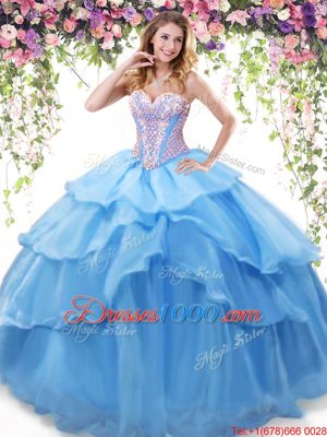 On Sale Baby Blue Sleeveless Beading and Ruffled Layers Floor Length 15 Quinceanera Dress