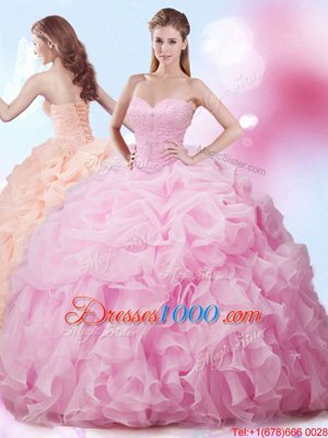 Glamorous Sleeveless Brush Train Beading and Ruffles and Pick Ups Lace Up 15th Birthday Dress