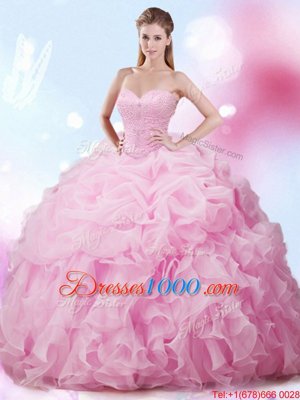 Glamorous Sleeveless Brush Train Beading and Ruffles and Pick Ups Lace Up 15th Birthday Dress