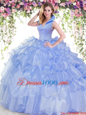 Blue Ball Gowns Beading and Ruffled Layers Quinceanera Dresses Backless Organza Sleeveless Floor Length